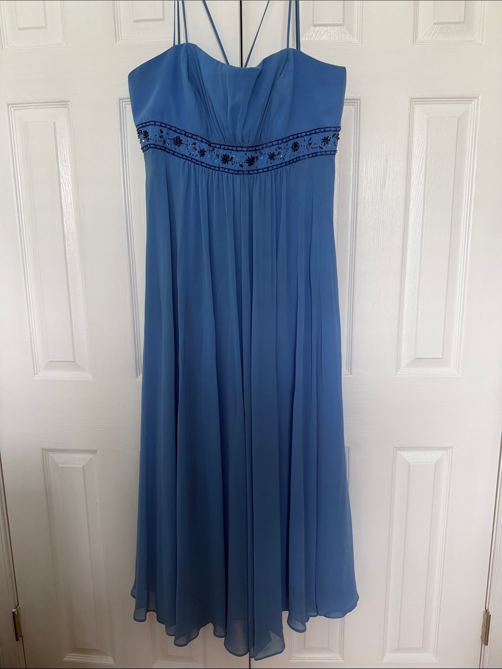 David's Bridal Light Blue Strapless Chiffon Evening Dress with Beaded Waist